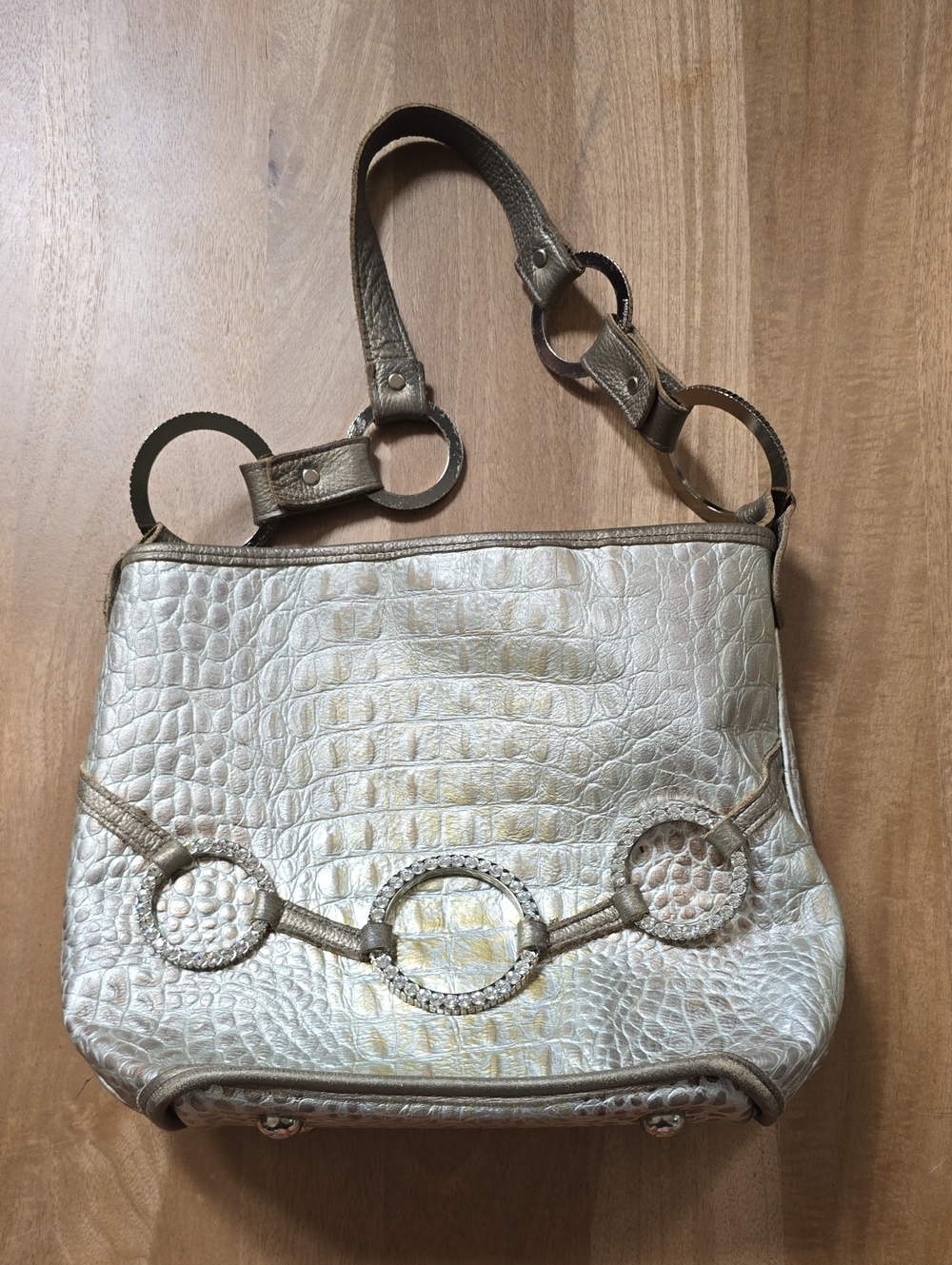 Y2K Metallic Gold Crocodile Embossed Shoulder Bag Rhinestone O-Ring McBling Vtg